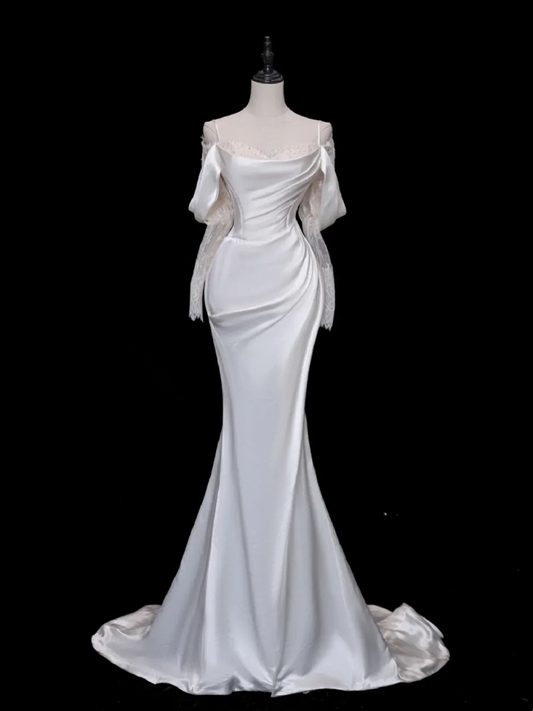 Pretty Bridal Gown Mermaid Off The Shoulder Satin Long Sleeves White Wedding Dresses Elegant Bridal Gowns Brides Dress DH878