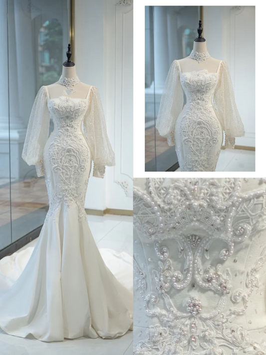 Timeless Bridal Gown Mermaid Square Neck Tulle Long Sleeves Wedding Dresses Elegant Bridal Gowns DH881