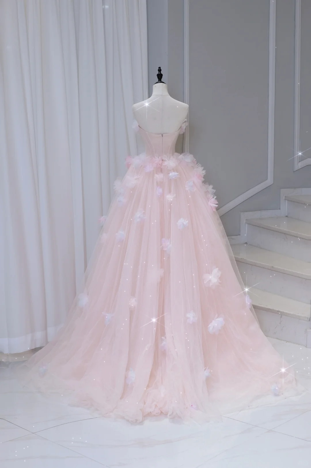 Pretty Ball Gown Off The Shoulder Pink Tulle Long Quinceanera Dress Formal Gowns Vestido De 15 Anos Sweet 16 Dress DH884