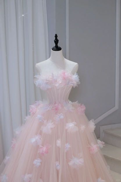 Pretty Ball Gown Off The Shoulder Pink Tulle Long Quinceanera Dress Formal Gowns Vestido De 15 Anos Sweet 16 Dress DH884