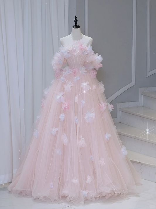 Pretty Ball Gown Off The Shoulder Pink Tulle Long Quinceanera Dress Formal Gowns Vestido De 15 Anos Sweet 16 Dress DH884