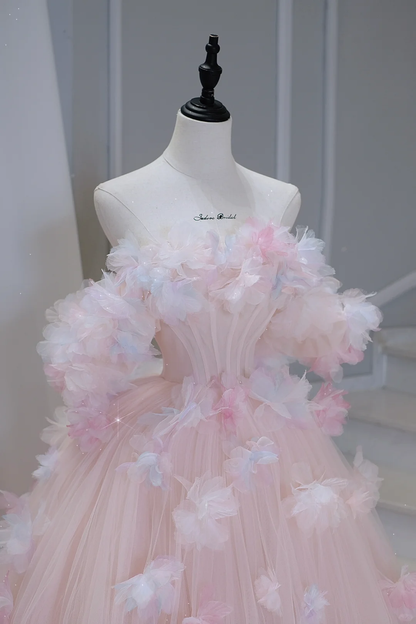 Pretty Ball Gown Off The Shoulder Pink Tulle Long Quinceanera Dress Formal Gowns Vestido De 15 Anos Sweet 16 Dress DH884