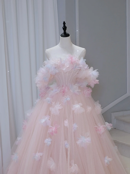 Pretty Ball Gown Off The Shoulder Pink Tulle Long Quinceanera Dress Formal Gowns Vestido De 15 Anos Sweet 16 Dress DH884