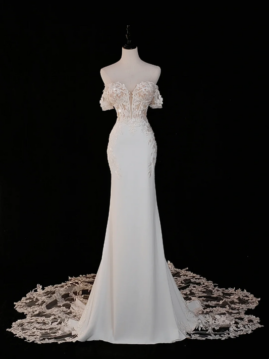 Timeless Bridal Gown Mermaid Off The Shoulder Satin Short Sleeves Wedding Dresses Elegant Bridal Gowns DH885