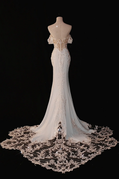 Timeless Bridal Gown Mermaid Off The Shoulder Satin Short Sleeves Wedding Dresses Elegant Bridal Gowns DH885