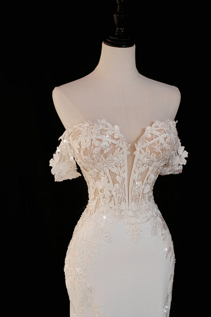 Timeless Bridal Gown Mermaid Off The Shoulder Satin Short Sleeves Wedding Dresses Elegant Bridal Gowns DH885