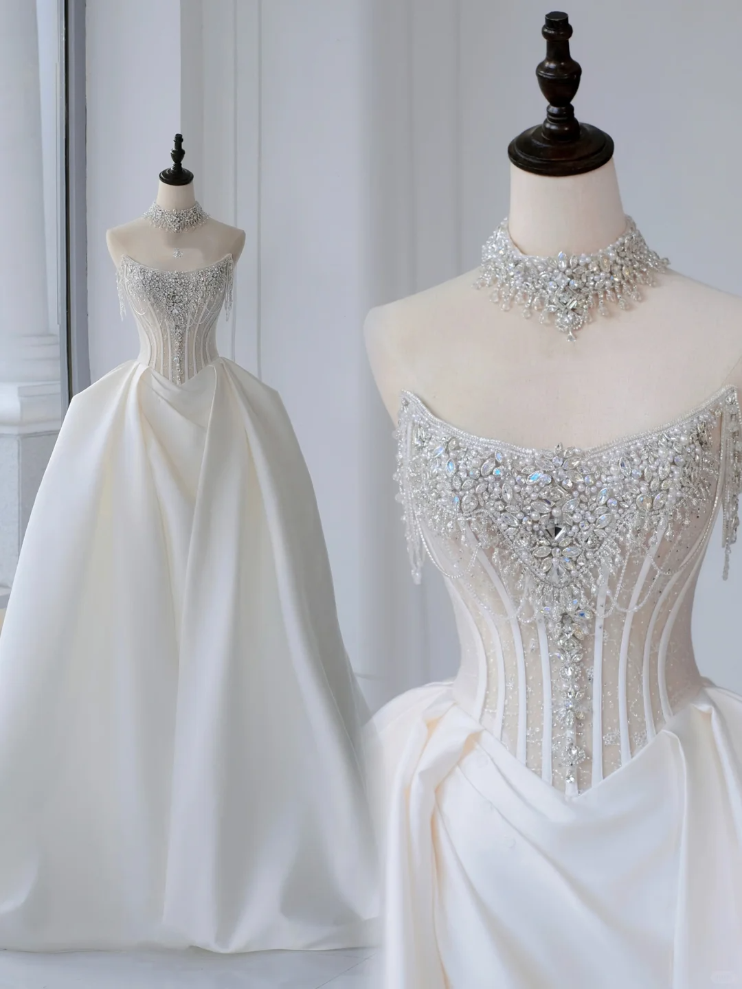 Timeless Bridal Gown Ball Gown Strapless Satin Silver Beads Sleeveless Long White Wedding Dresses Elegant Bridal Gowns DH888