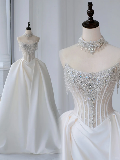 Timeless Bridal Gown Ball Gown Strapless Satin Silver Beads Sleeveless Long White Wedding Dresses Elegant Bridal Gowns DH888