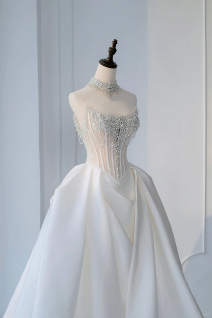 Timeless Bridal Gown Ball Gown Strapless Satin Silver Beads Sleeveless Long White Wedding Dresses Elegant Bridal Gowns DH888