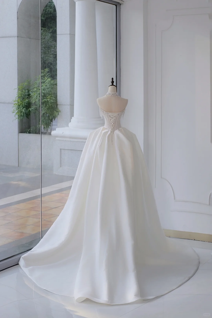 Timeless Bridal Gown Ball Gown Strapless Satin Silver Beads Sleeveless Long White Wedding Dresses Elegant Bridal Gowns DH888