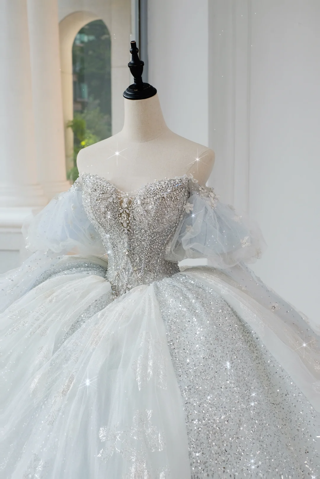 Timeless Bridal Gown Ball Gown Off The Shoulder Light Sky Blue Sequin Long White Wedding Dresses Elegant Bridal Gowns DH889