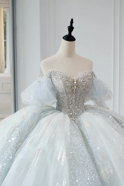 Timeless Bridal Gown Ball Gown Off The Shoulder Light Sky Blue Sequin Long White Wedding Dresses Elegant Bridal Gowns DH889