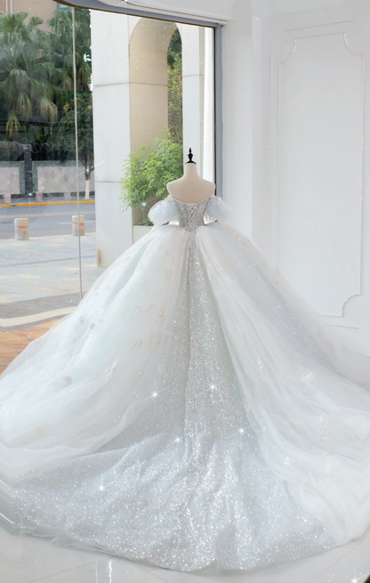 Timeless Bridal Gown Ball Gown Off The Shoulder Light Sky Blue Sequin Long White Wedding Dresses Elegant Bridal Gowns DH889