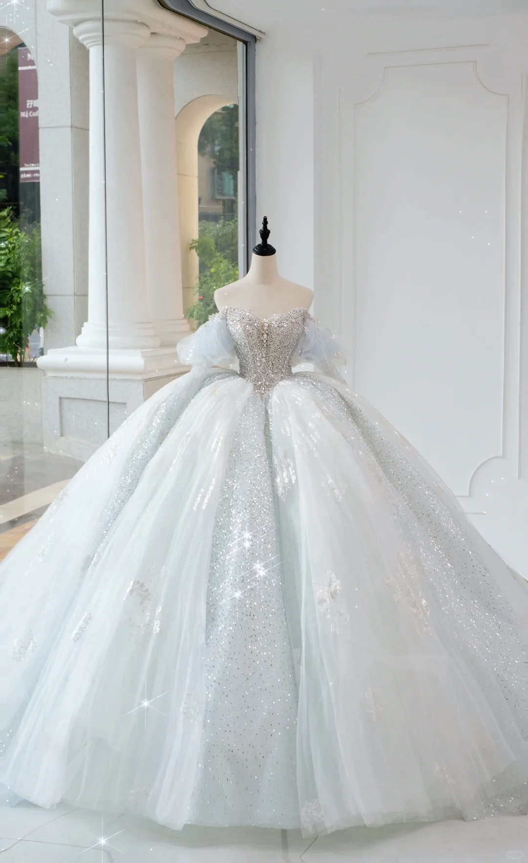 Timeless Bridal Gown Ball Gown Off The Shoulder Light Sky Blue Sequin Long White Wedding Dresses Elegant Bridal Gowns DH889