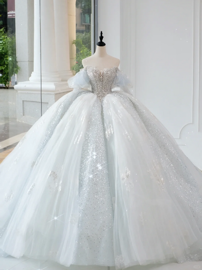 Timeless Bridal Gown Ball Gown Off The Shoulder Light Sky Blue Sequin Long White Wedding Dresses Elegant Bridal Gowns DH889