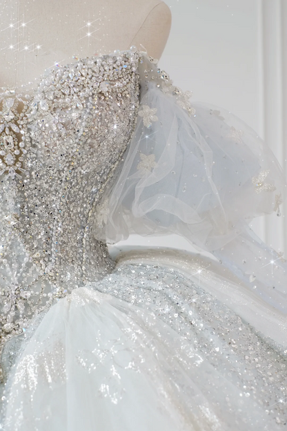 Timeless Bridal Gown Ball Gown Off The Shoulder Light Sky Blue Sequin Long White Wedding Dresses Elegant Bridal Gowns DH889