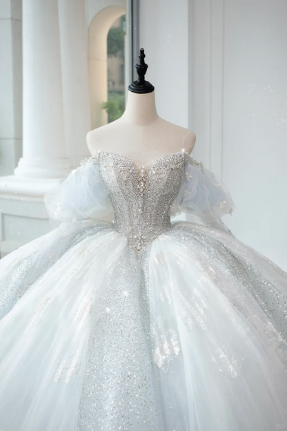 Timeless Bridal Gown Ball Gown Off The Shoulder Light Sky Blue Sequin Long White Wedding Dresses Elegant Bridal Gowns DH889