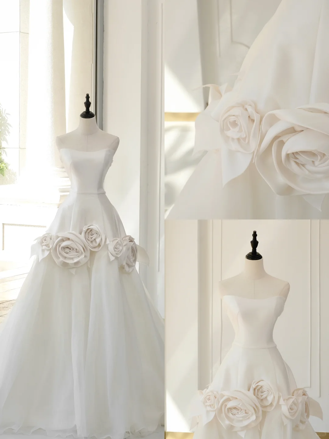 Timeless Bridal Gown Ball Gown Strapless Satin Flowers Sleeveless Long White Wedding Dresses Elegant Bridal Gowns DH890