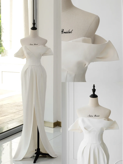 Timeless Bridal Gown Sheath Off The Shoulder Satin Short Sleeves Wedding Dresses Elegant Bridal Gowns DH891