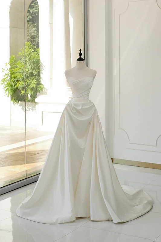 Timeless Bridal Gown Ball Gown Strapless Satin Pleated Sleeveless Long White Wedding Dresses Elegant Bridal Gowns DH893