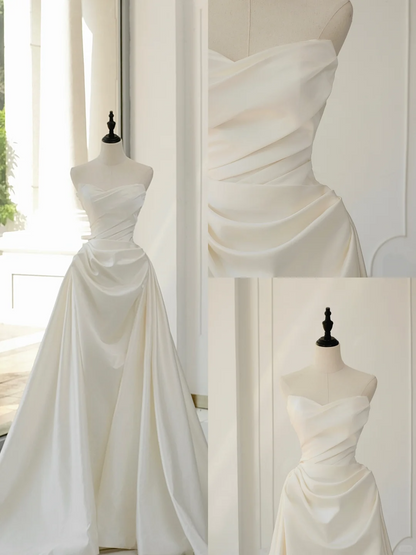 Timeless Bridal Gown Ball Gown Strapless Satin Pleated Sleeveless Long White Wedding Dresses Elegant Bridal Gowns DH893
