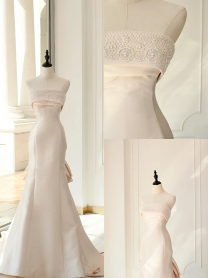 Classic Bridal Gown Mermaid Strapless Sleeveless Satin Long Light Pink Wedding Dresses Elegant Bridal Gowns Brides Dress DH894