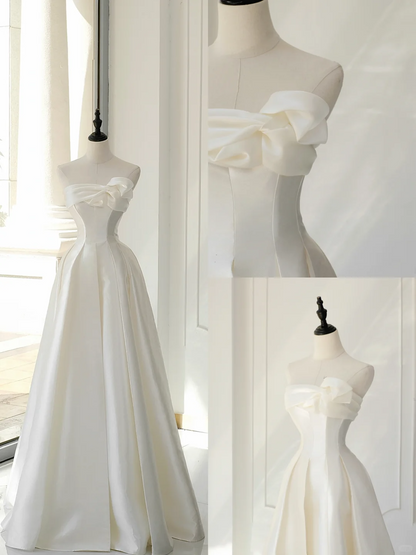 Timeless Bridal Gown A line Strapless Satin White Wedding Dresses Elegant Bridal Gowns DH895