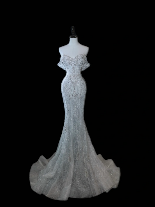 Timeless Bridal Gown Mermaid Off The Shoulder Silver Sequin Cap Sleeves Long Wedding Dresses Elegant Bridal Gowns DH897