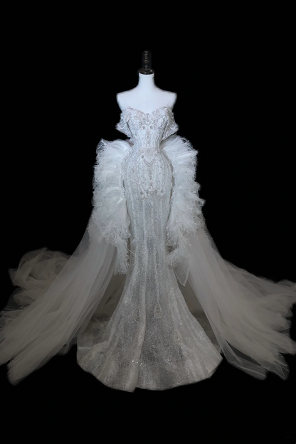 Timeless Bridal Gown Mermaid Off The Shoulder Silver Sequin Cap Sleeves Long Wedding Dresses Elegant Bridal Gowns DH897