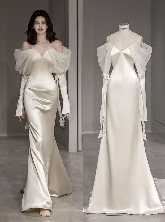 Timeless Bridal Gown Mermaid Off The Shoulder Satin Long Sleeves Wedding Dresses Elegant Bridal Gowns DH900