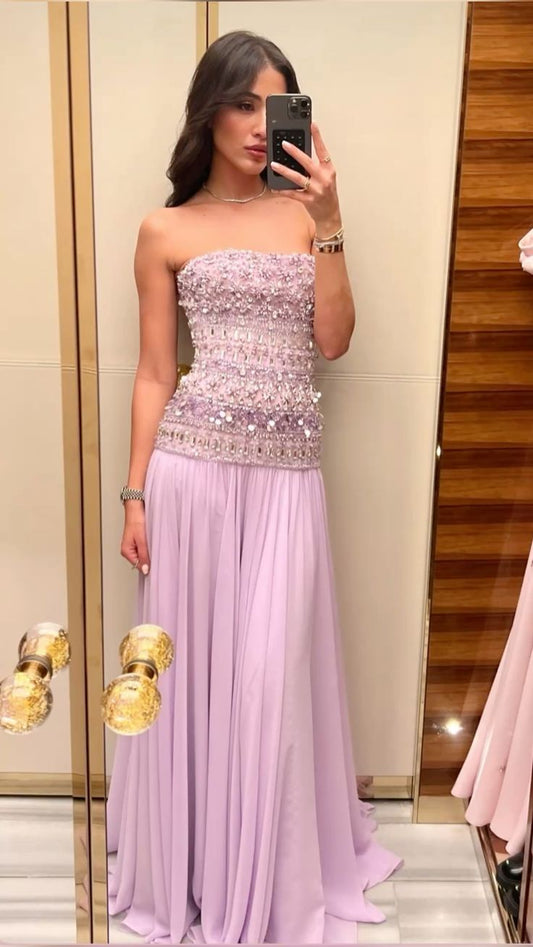 Elegant A Line Strapless Lilac Chiffon Long Prom Dresses Party Dress Summer 20th Birthday Outfits 18th Birthday Dresses DH903