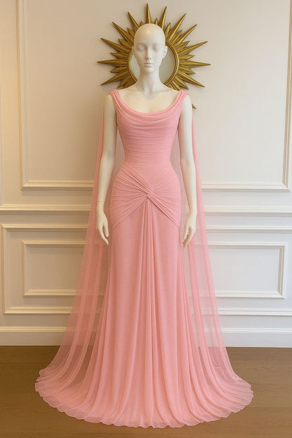 Elegant Mermaid Scoop Neck Pink Chiffon Long Prom Dresses Party Dress Summer 20th Birthday Outfits 18th Birthday Dresses DH904