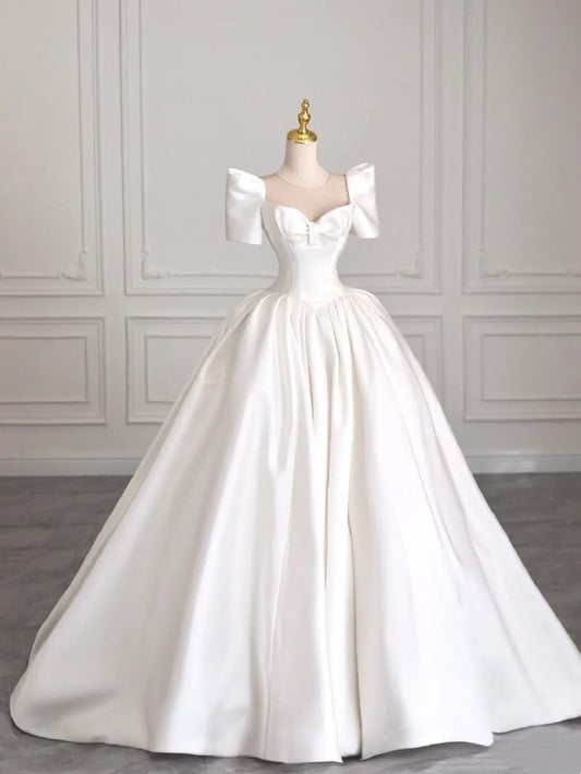 Timeless Bridal Dress Ball Gown Sweetheart Short Sleeves Satin White Wedding Dresses Elegant Bridal Gowns DH905