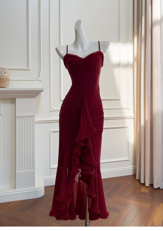 Elegant High Low Spaghetti Straps Burgundy Sleeveless Long Evening Party Gowns Evening Formal Dresses Prom Dress DH90