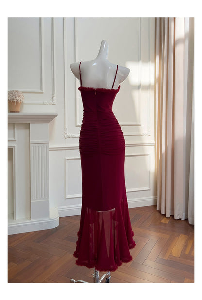 Elegant High Low Spaghetti Straps Burgundy Sleeveless Long Evening Party Gowns Evening Formal Dresses Prom Dress DH90