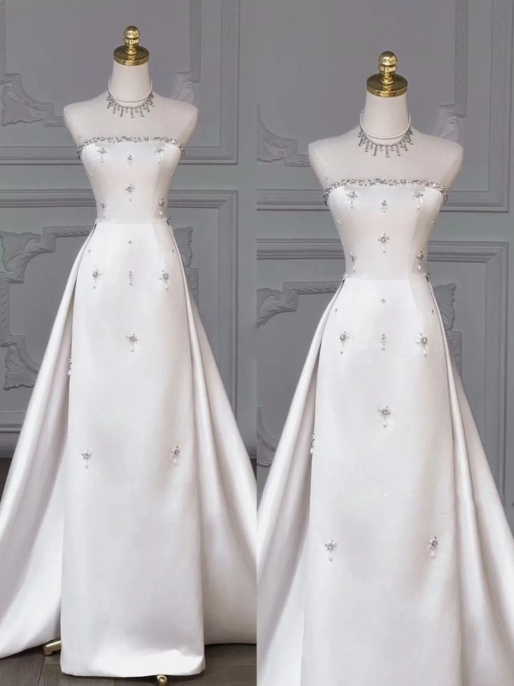 Timeless Bridal Gown Sheath Strapless Satin Sleeveless White Wedding Dresses Elegant Bridal Gowns DH914