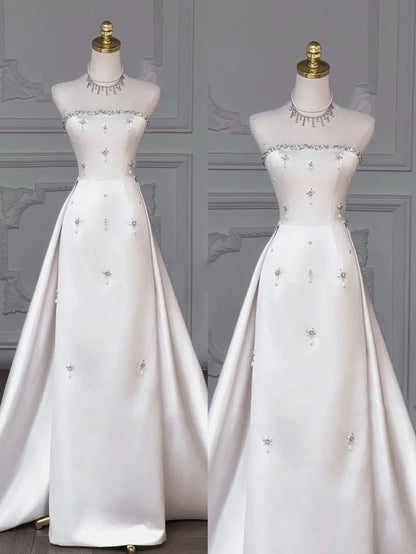 Timeless Bridal Gown Sheath Strapless Satin Sleeveless White Wedding Dresses Elegant Bridal Gowns DH914