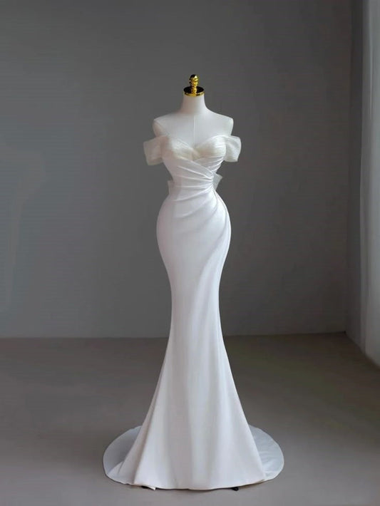 Unique Bridal Gown Mermaid Off The Shoulder Satin Short Sleeves Wedding Dresses Elegant Bridal Gowns DH930