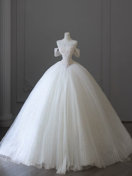 Timeless Bridal Gown Ball Gown Off The Shoulder White Tulle Sequin Long Wedding Dresses Elegant Bridal Gowns DH934