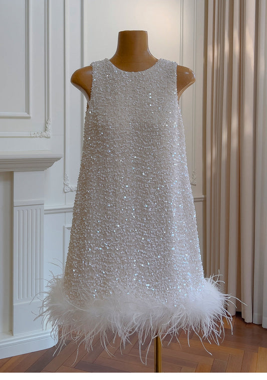 Cute A line Scoop Neck Short White Sequin Formal 8th Grade Homecoming Dresses Summer Middle School Hoco Dress Homecoming Outfits DH93