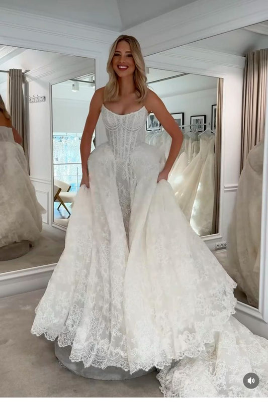 Unique Bridal Gown Mermaid Strapless Lace Sleeveless White Wedding Dresses Modest Bridal Gowns DH951