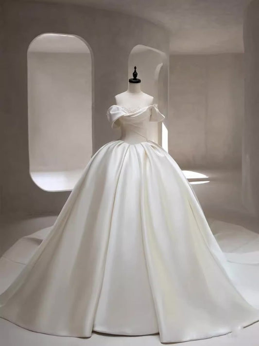 Timeless Bridal Gown Ball Gown Off The Shoulder White Satin Long Pleated Wedding Dresses Elegant Bridal Gowns DH956