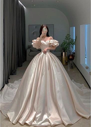 Timeless Bridal Gown Ball Gown Off The Shoulder Light Pink Long Pleated Satin Wedding Dresses Elegant Bridal Gowns DH961