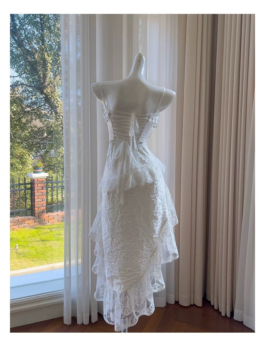 Cute High Low Spaghetti Straps White Lace Formal 8th Grade Homecoming Dresses Summer Middle School Hoco Dress Homecoming Outfits DH96