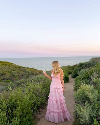 Elegant A Line Spaghetti Straps Pink Chiffon Long Prom Dresses Party Dress Summer 20th Birthday Outfits 18th Birthday Dresses DH990