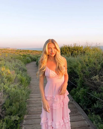 Elegant A Line Spaghetti Straps Pink Chiffon Long Prom Dresses Party Dress Summer 20th Birthday Outfits 18th Birthday Dresses DH990