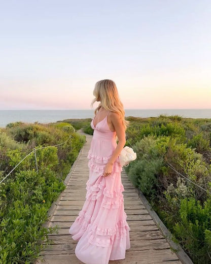 Elegant A Line Spaghetti Straps Pink Chiffon Long Prom Dresses Party Dress Summer 20th Birthday Outfits 18th Birthday Dresses DH990