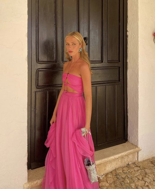 Elegant A Line Halter Pink Chiffon Long Prom Dresses Party Dress Summer 22th Birthday Outfits 18th Birthday Dresses DH996