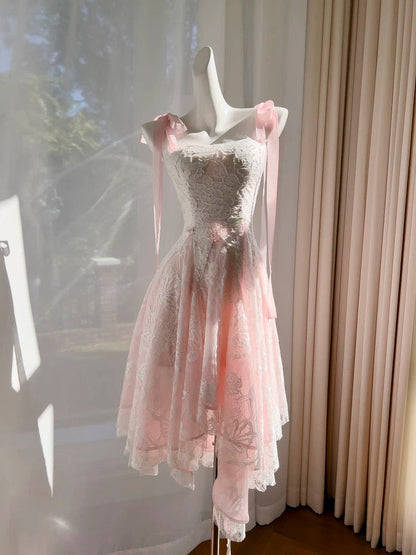 Cute A line Square Neck Lace Pink Formal 8th Grade Homecoming Dresses Summer Middle School Hoco Dress Homecoming Outfits DH99