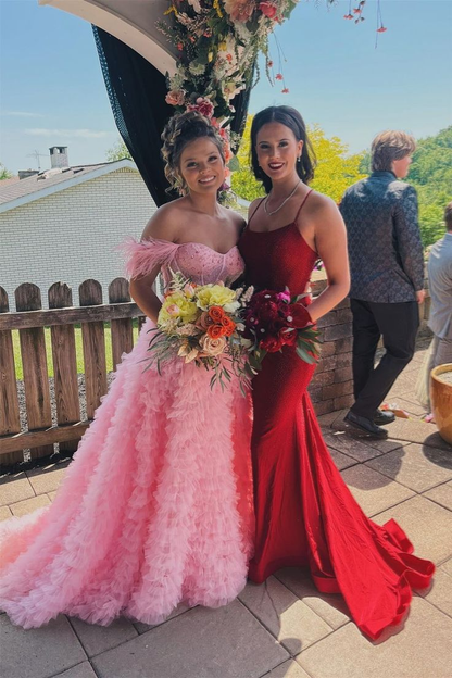 Sky Blue Princess Slit Evening Dress Feathers Straps Tulle Beaded Tiered Long Prom Dress SH1051